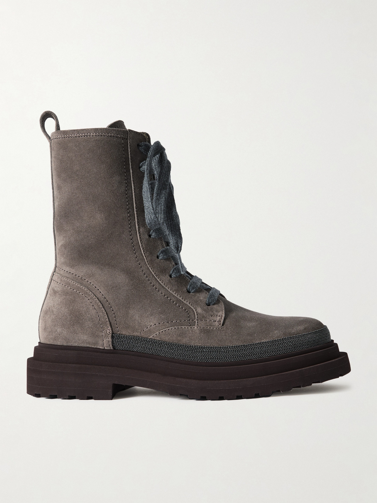 Brunello Cucinelli Bead-embellished Suede Ankle Boots In Grey