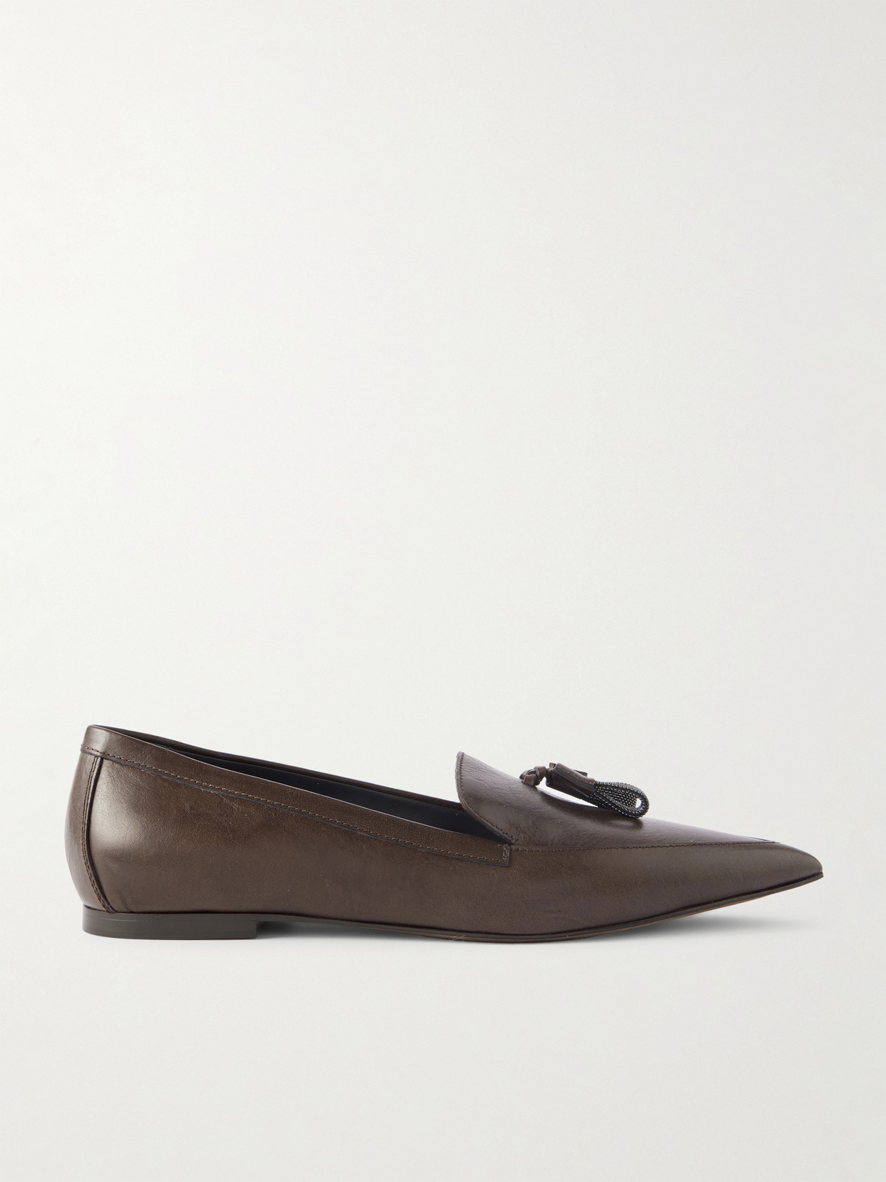 Brunello Cucinelli Bead-embellished Tassled Leather Loafers In Burgundy