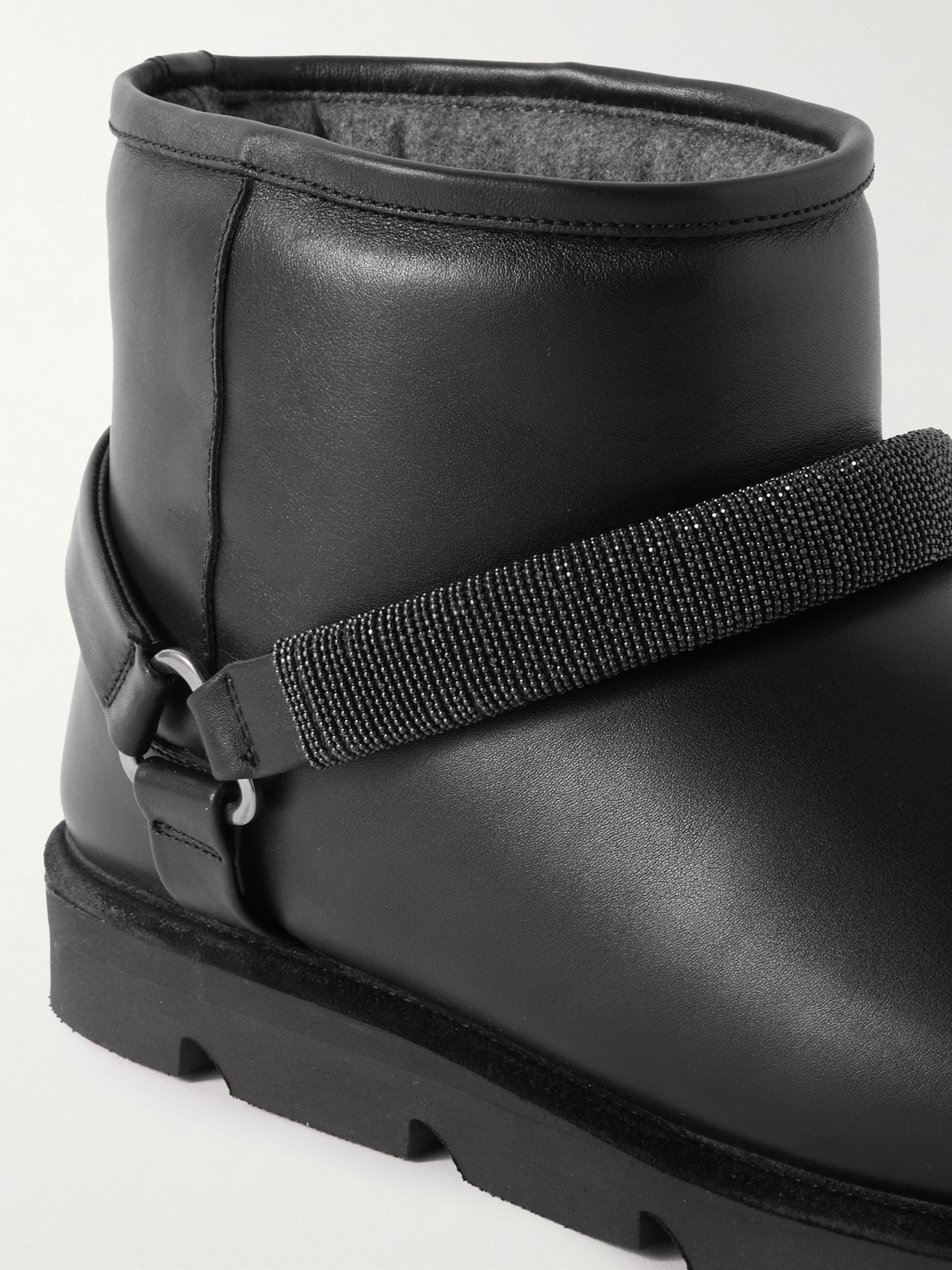 Brunello Cucinelli Bead-embellished Shearling-lined Padded Leather Ankle Boots In Black