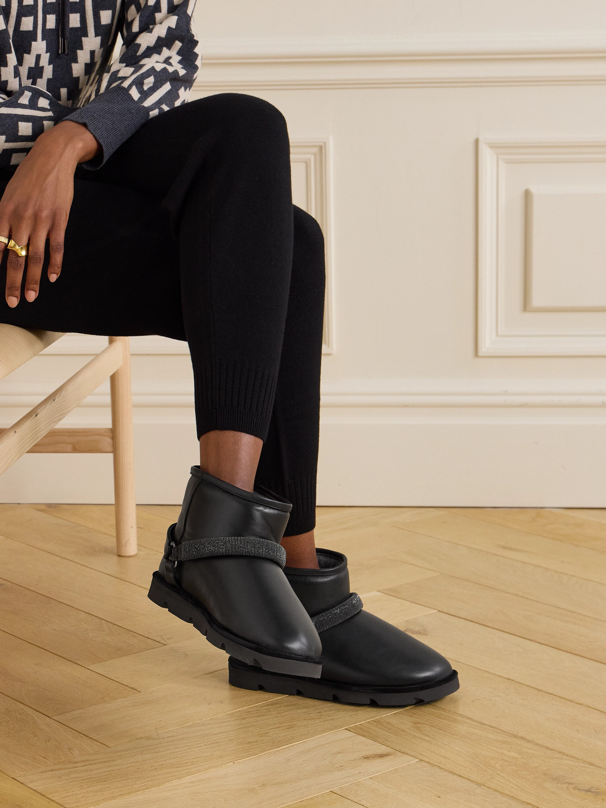 Brunello Cucinelli Bead-embellished Shearling-lined Padded Leather Ankle Boots In Black