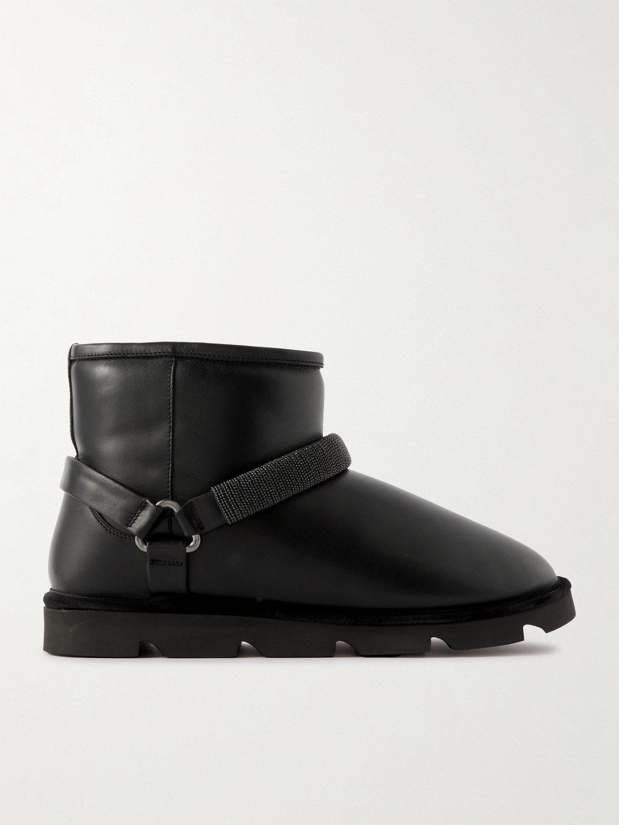 Brunello Cucinelli Bead-embellished Shearling-lined Padded Leather Ankle Boots In Black