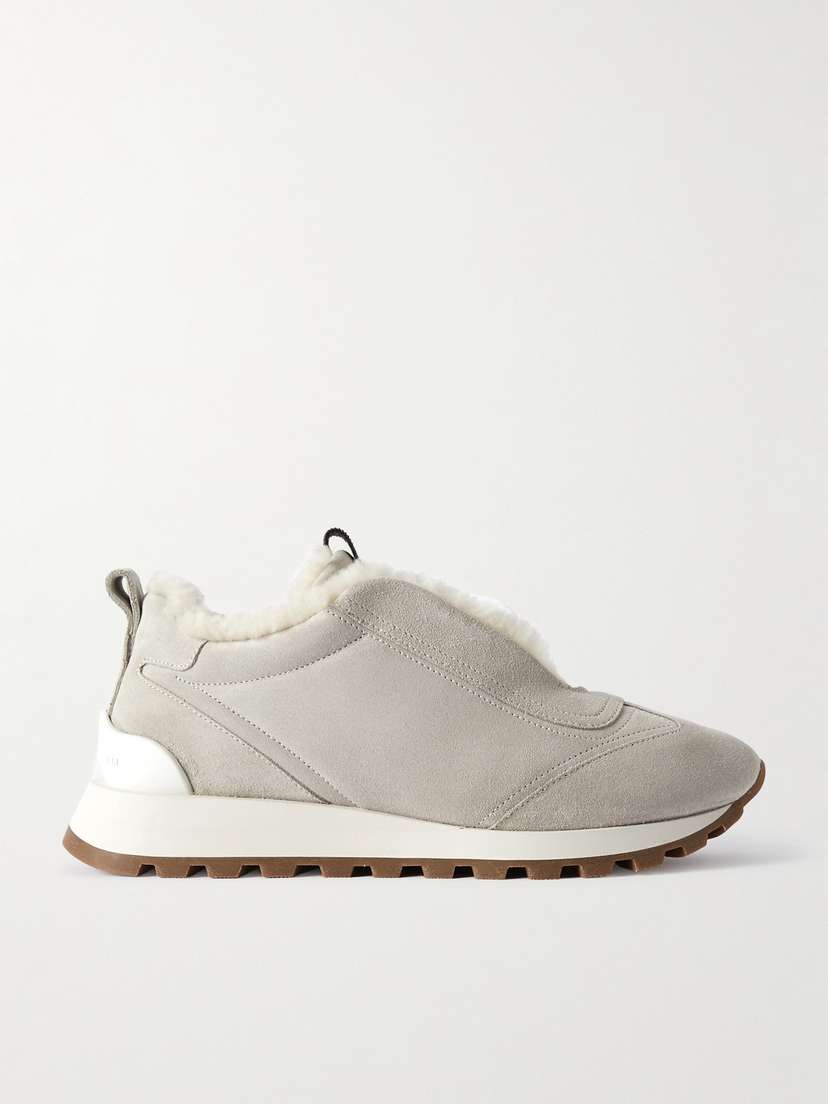 Brunello Cucinelli Bead-embellished Shearling-trimmed Suede Slip-on Sneakers
