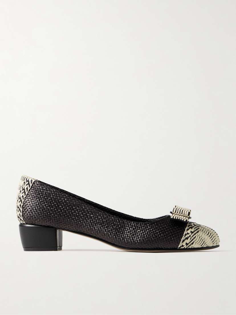 Ferragamo Vara Bow-embellished Woven Raffia Pumps
