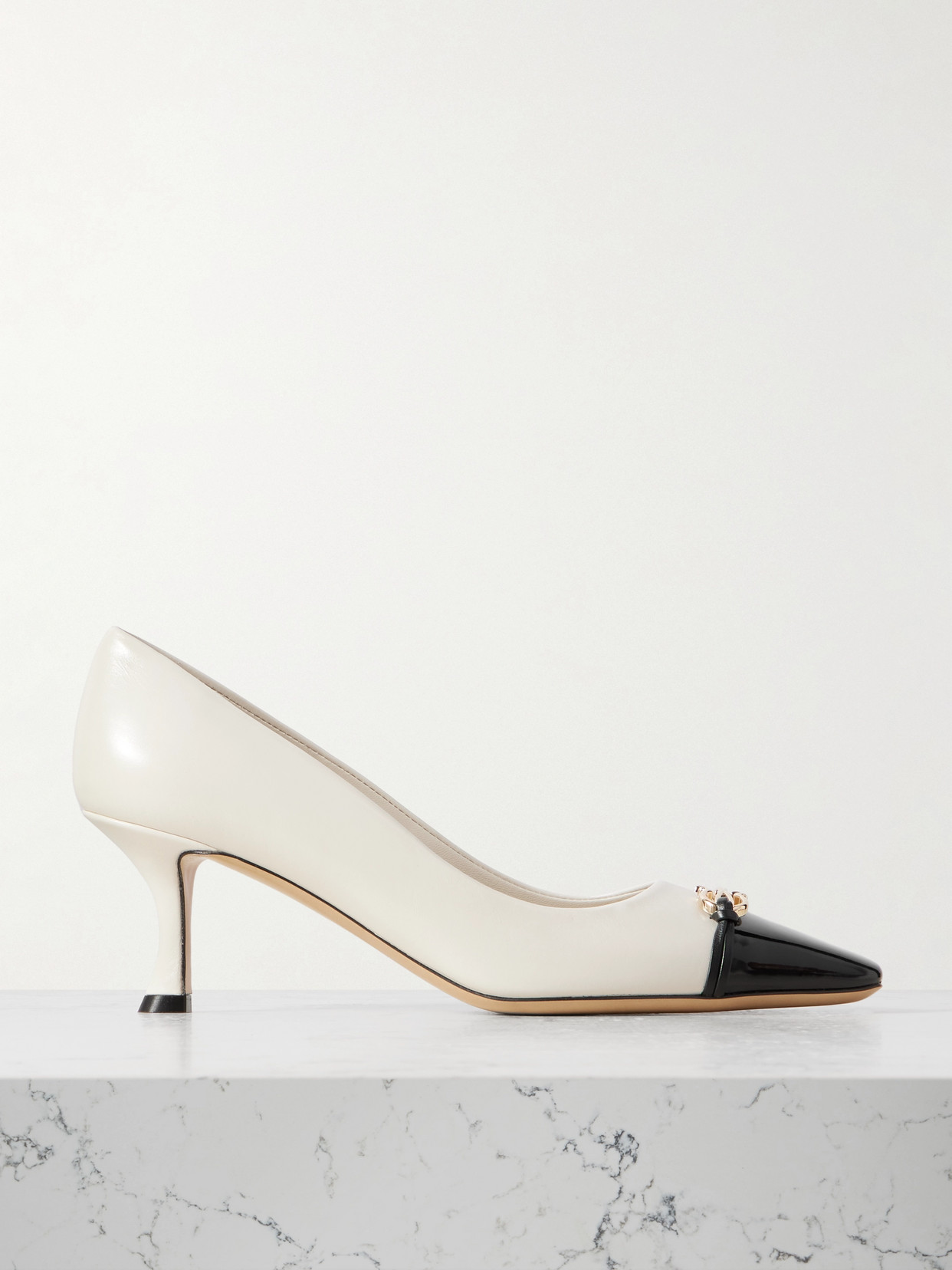 Ferragamo - Bria Embellished Patent-leather Trimmed Smooth Leather Pumps - Off-white