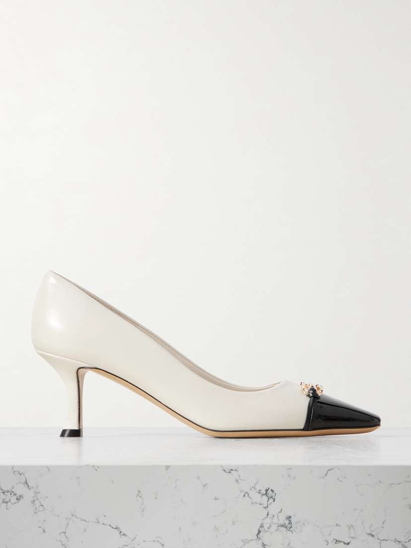 Ferragamo Bria Embellished Patent-leather Trimmed Smooth Leather Pumps