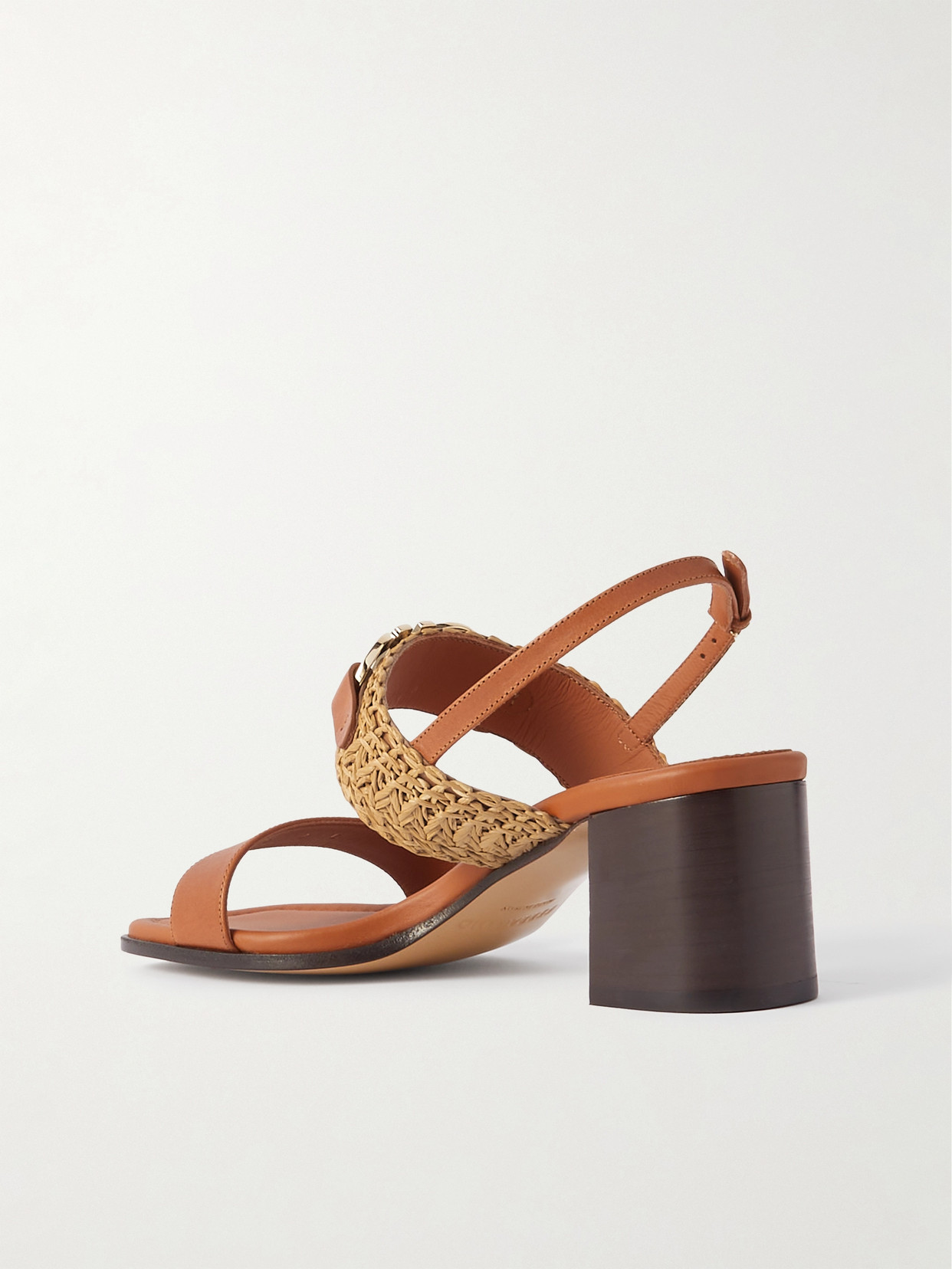 Ferragamo Lou Raffia-trimmed Embellished Leather Slingback Sandals In Brown