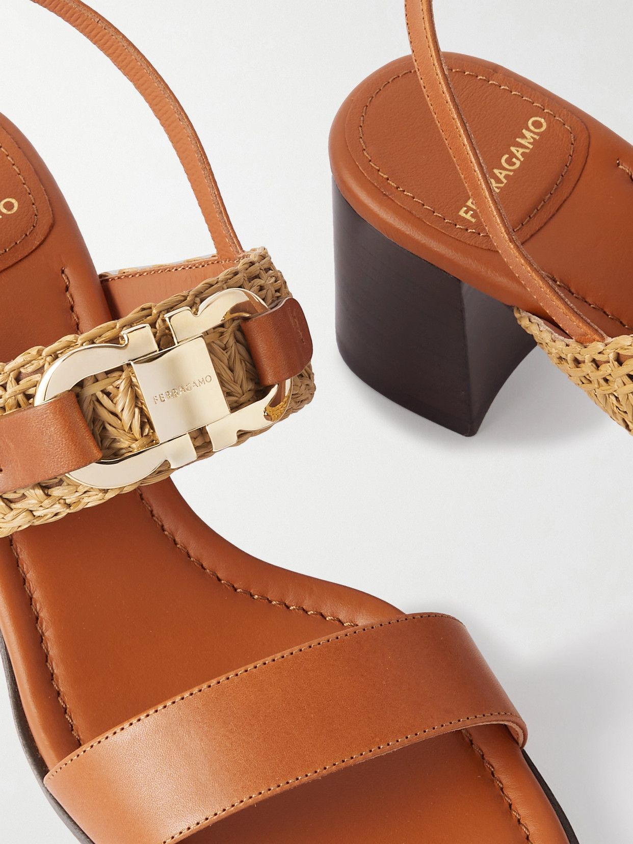 Ferragamo Lou Raffia-trimmed Embellished Leather Slingback Sandals In Brown