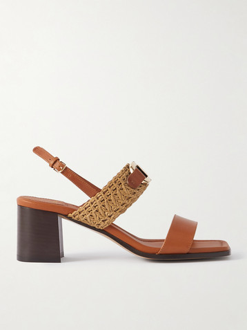 Ferragamo Lou raffia-trimmed embellished leather slingback sandals