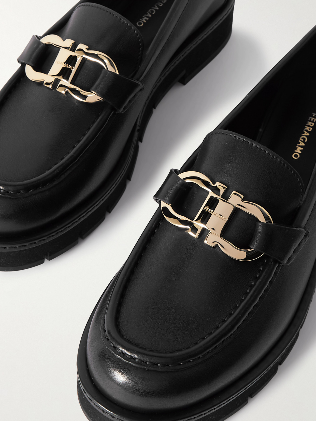 Ferragamo Maryan Lug Chunky Sole Loafers Gold-tone Hardware In Black