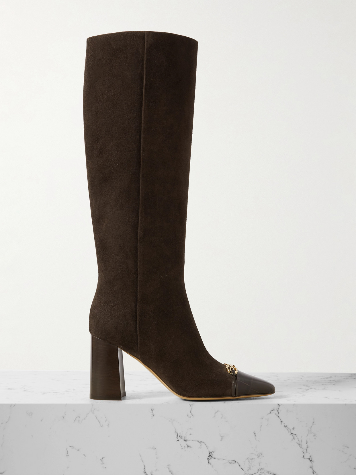 Ferragamo Sibilla Embellished Croc-effect Leather-trimmed Suede Knee Boots In Brown