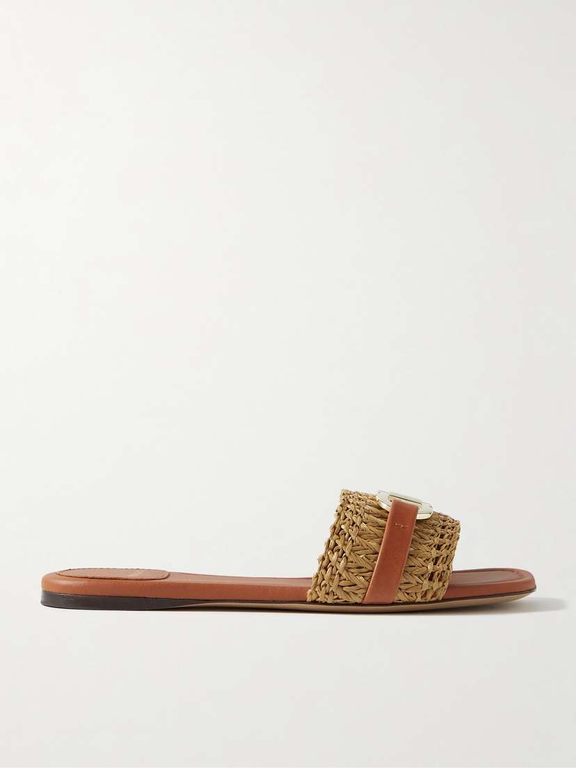 Ferragamo Leah Logo-embellished Leather-trimmed Raffia Sandals - US6