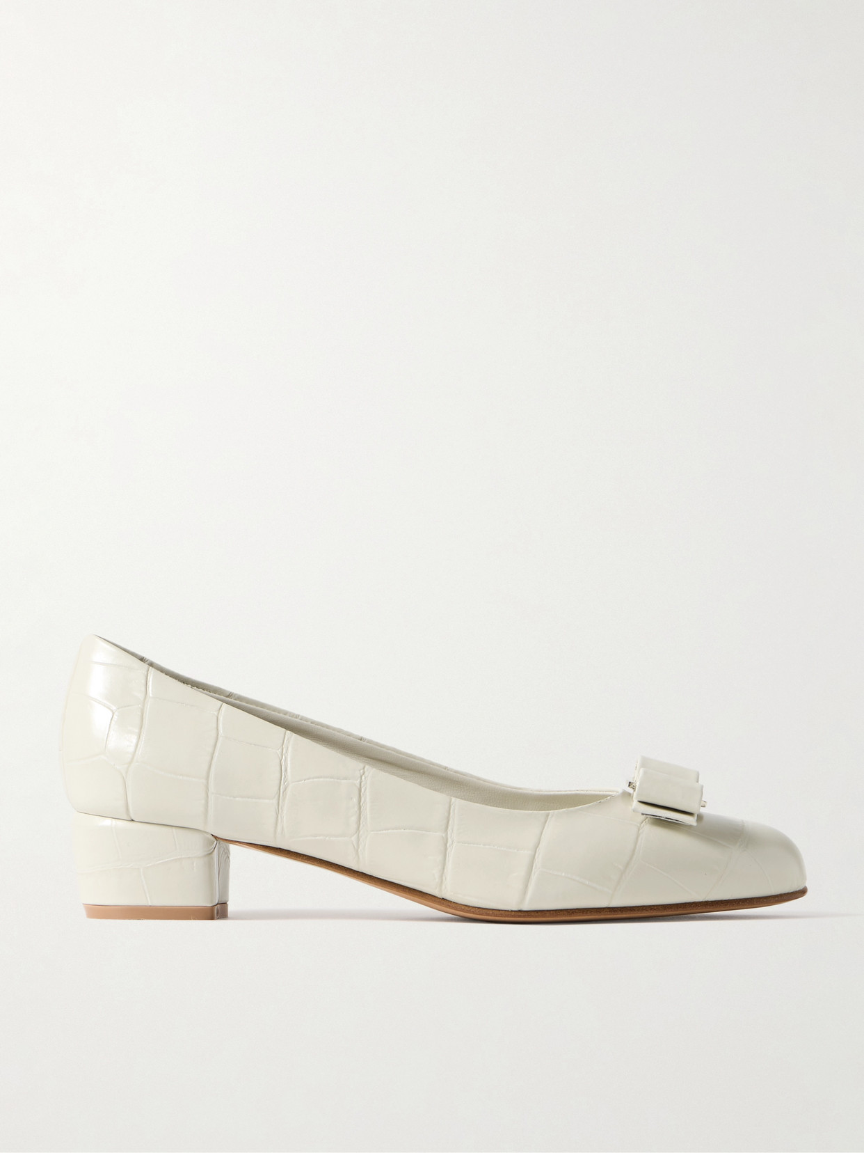 Ferragamo - Vara Bow-embellished Croc-effect Leather Pumps - Off-white
