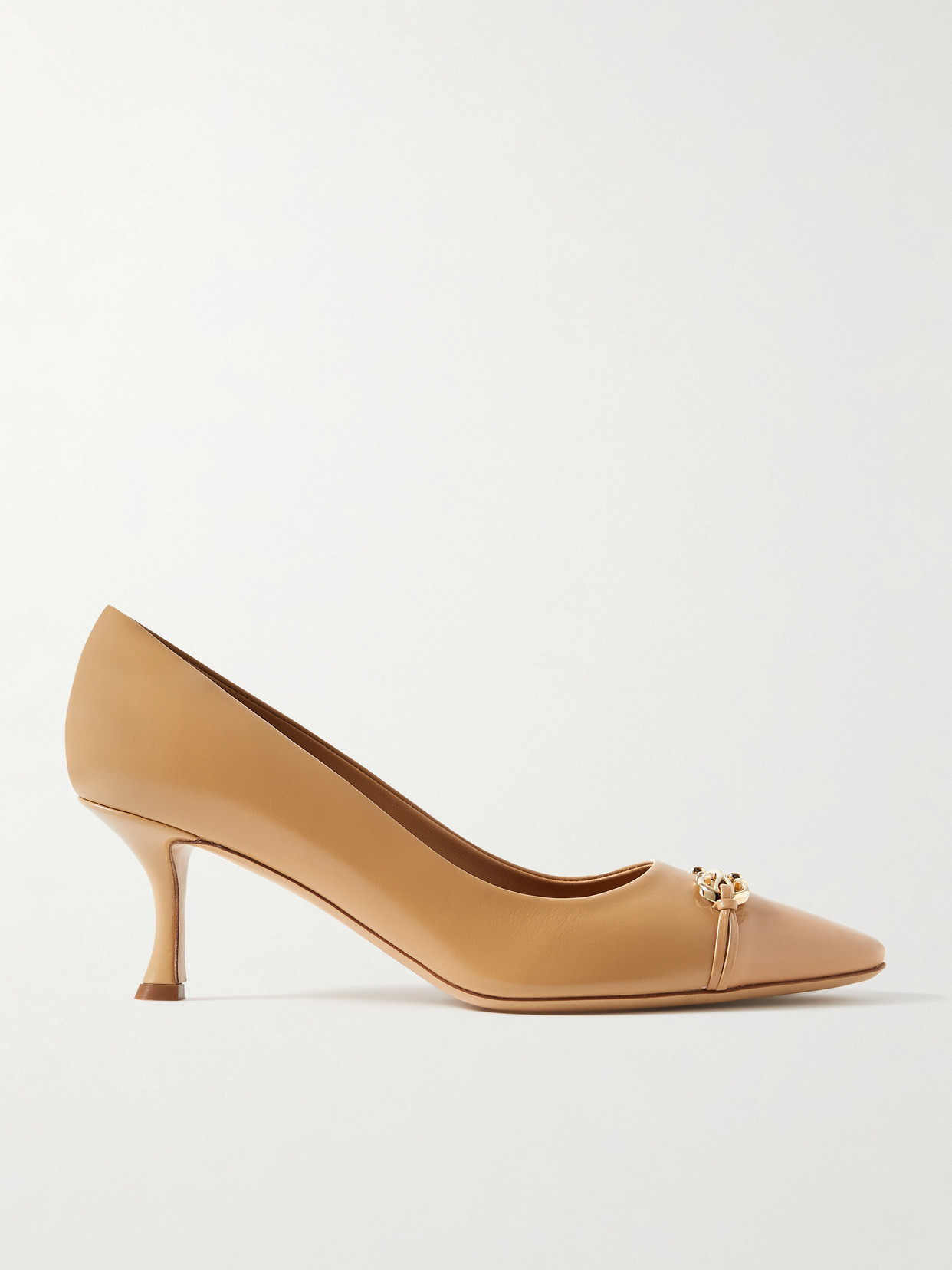 Ferragamo Bria Embellished Patent-leather Trimmed Smooth Leather Pumps In Brown