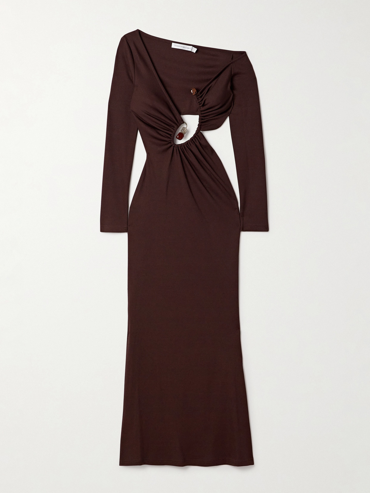 Christopher Esber Spiral One-shoulder Cutout Emellished Ribbed-knit Maxi Dress In Brown
