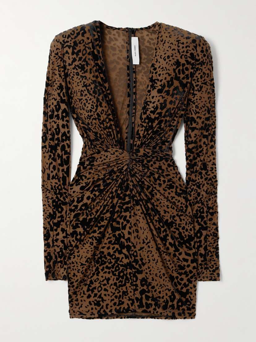 Alex Perry Gathered Leopard-print Mesh And Velvet Mini Dress