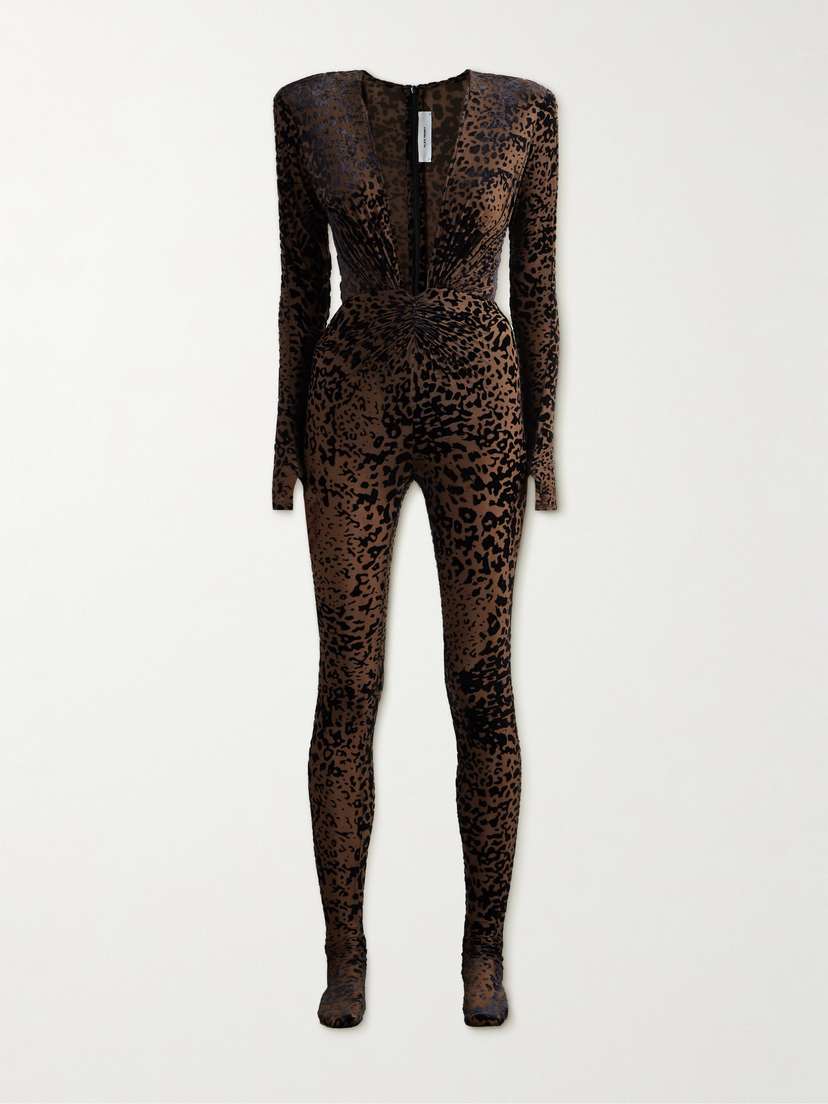Alex Perry Ruched Leopard-print Devoré-chiffon Jumpsuit - UK 14