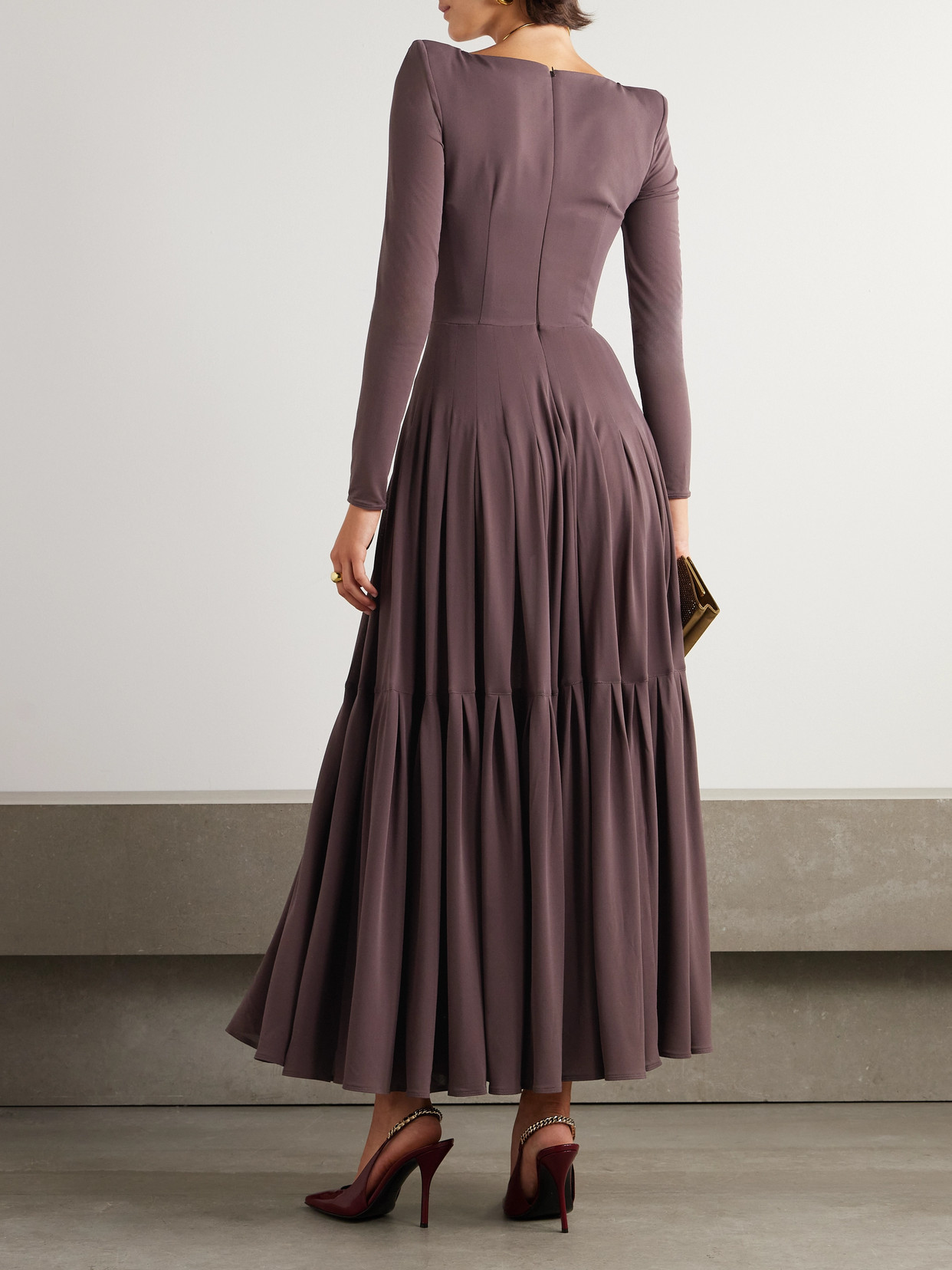 Alex Perry Tiered Pleated Recycled Stretch-crepe Midi Dress In Brown