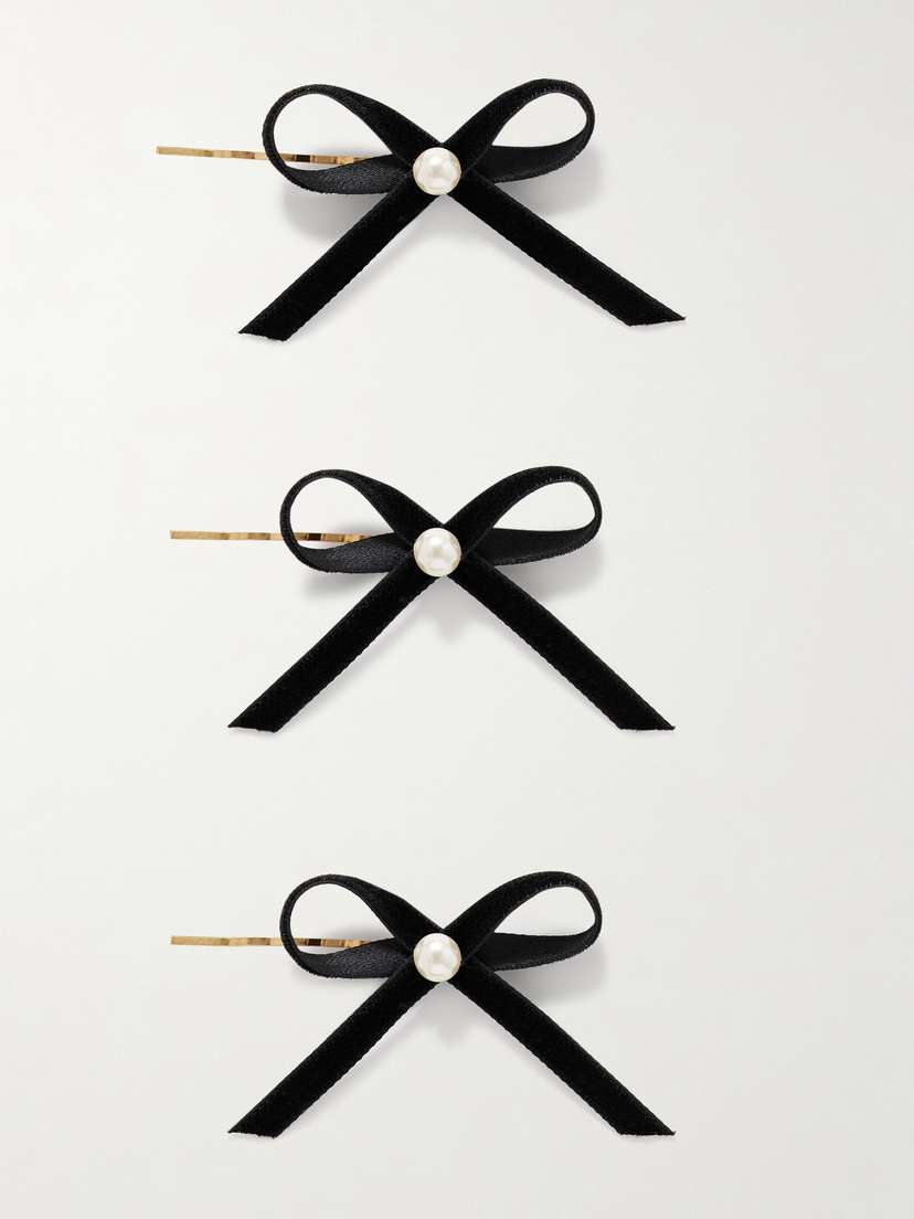 Jennifer Behr Kenna Set Of Three Gold-plated, Velvet And Faux Pearl Hair Slides