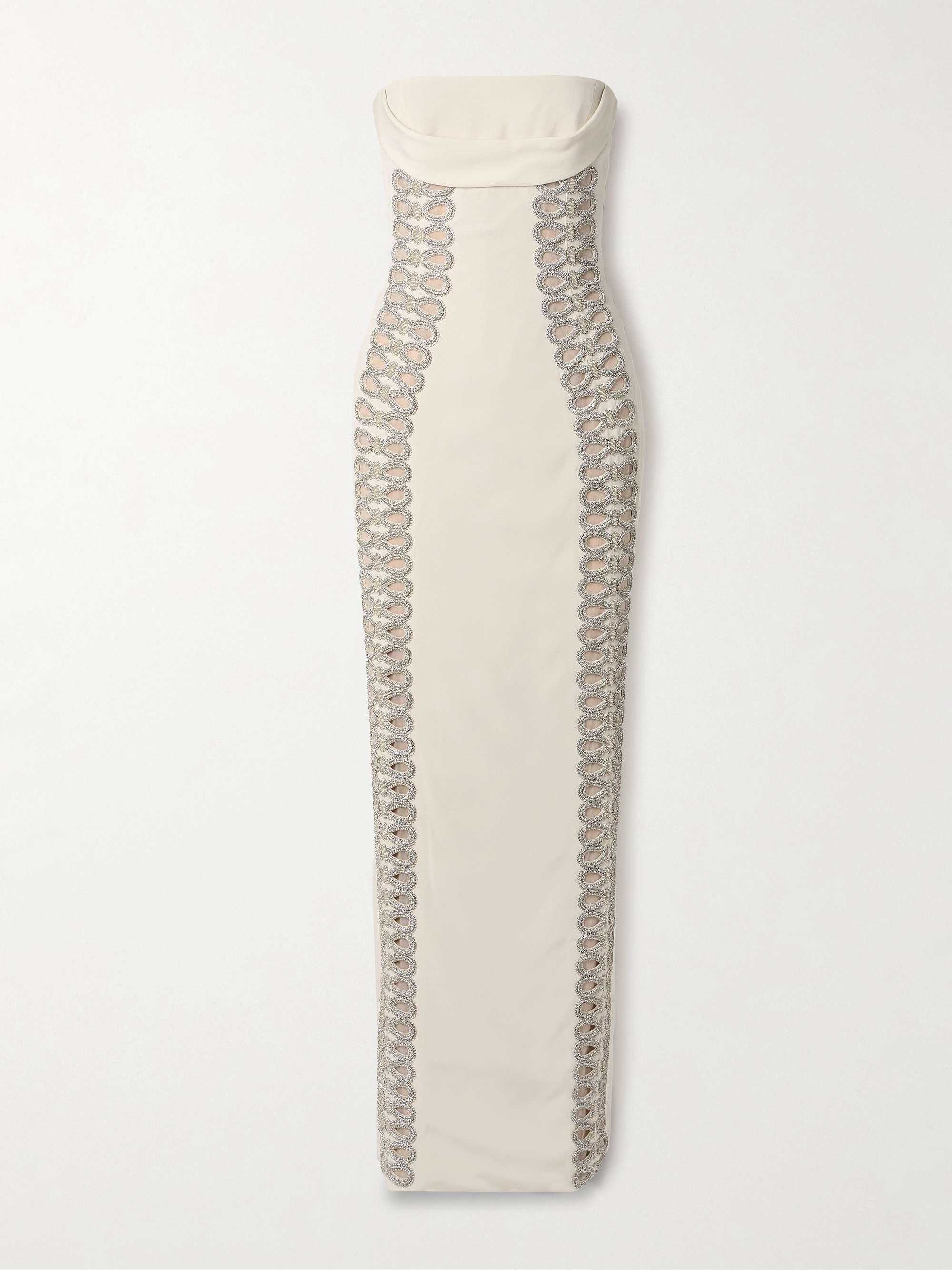Neutral Strapless draped crystal-embellished faille gown Neutral Strapless draped crystal-embellished faille gown