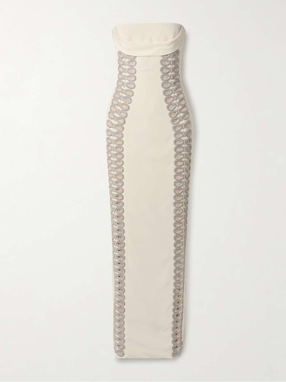 strapless draped crystal-embellished faille gown