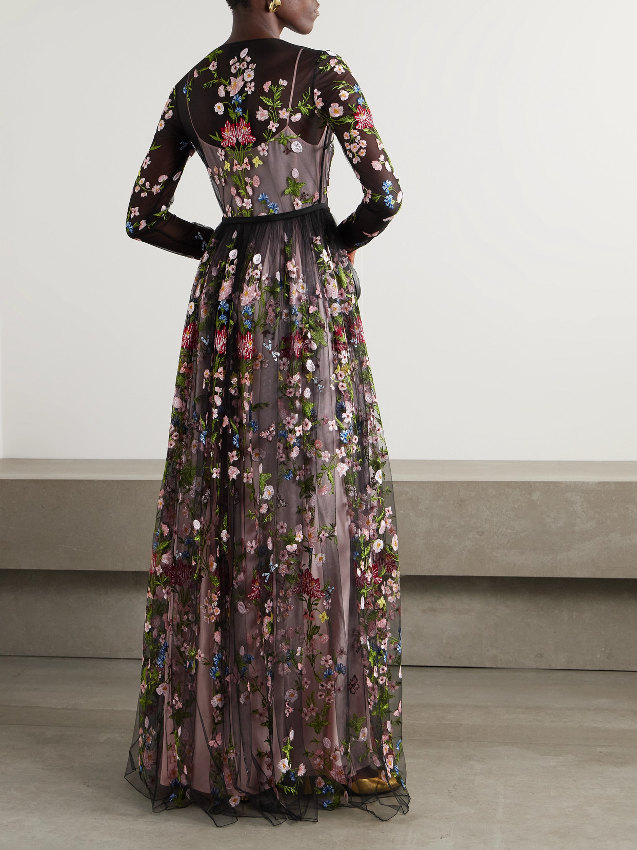 Giambattista Valli Belted Pleated Embroidered Tulle Gown In Black