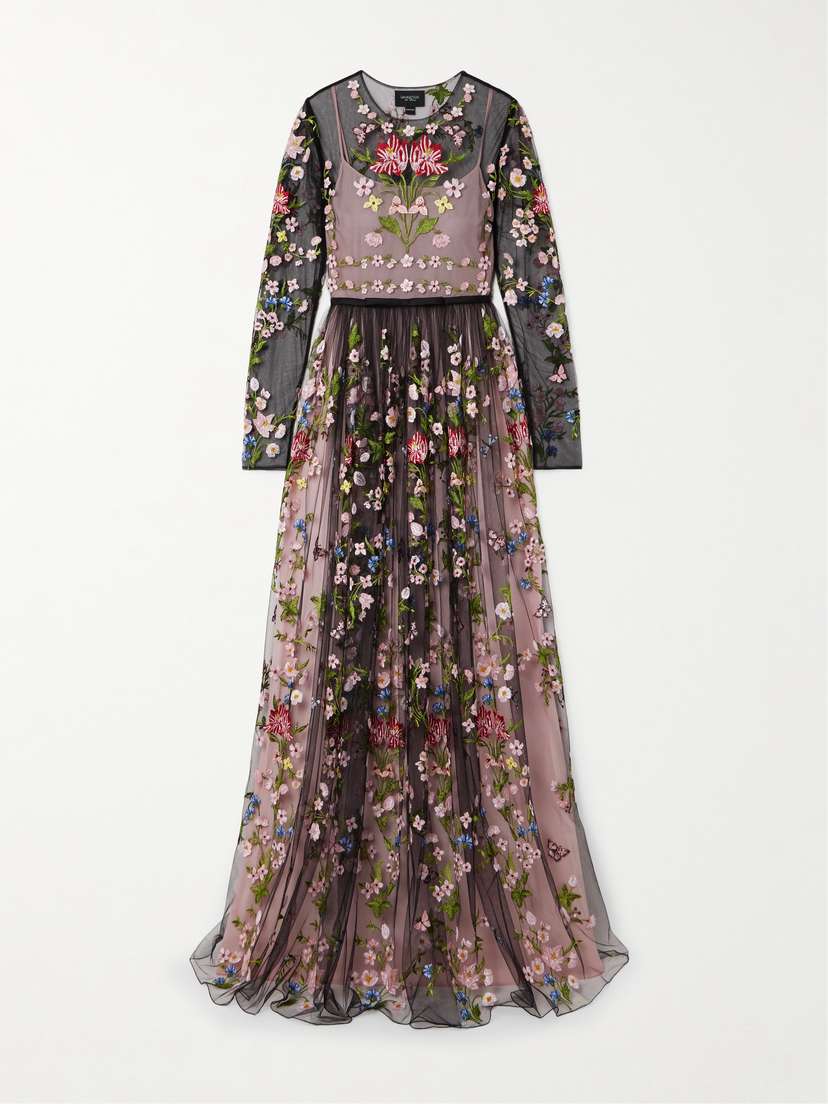 Giambattista Valli Belted Pleated Embroidered Tulle Gown