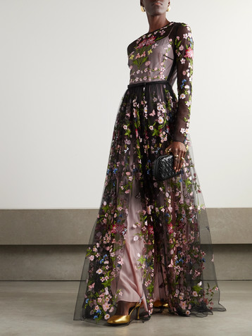 Giambattista Valli Belted pleated embroidered tulle gown