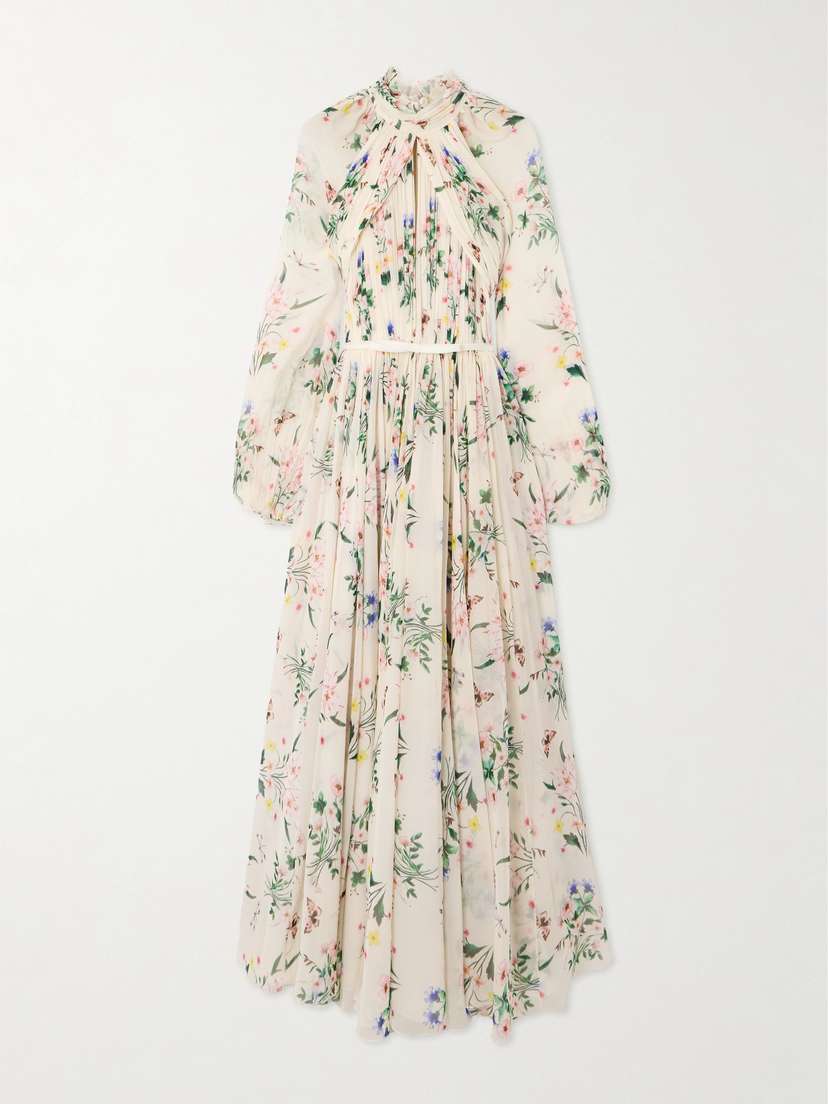 Giambattista Valli Belted Cutout Pleated Floral-print Silk-georgette Gown