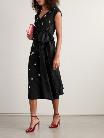 Huishan Zhang Kinsley silk-taffeta trimmed crystal-embellished crepe midi dress
