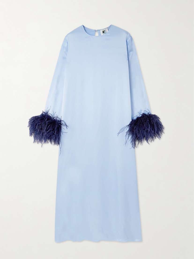 Sleeper Suzi Feather-trimmed Satin Midi Dress - x large
