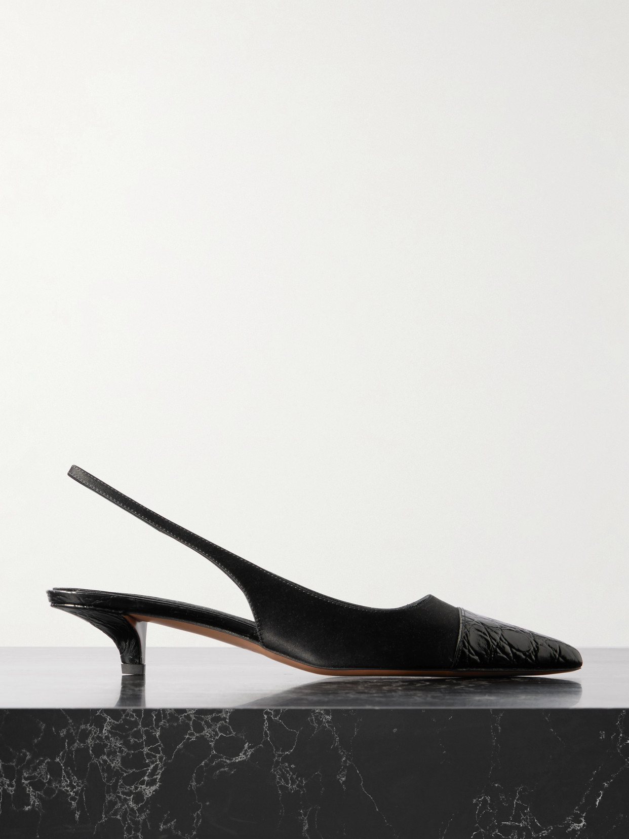 Paris Texas Miranda Croc-effect Leather-trimmed Satin Slingback Pumps In Black
