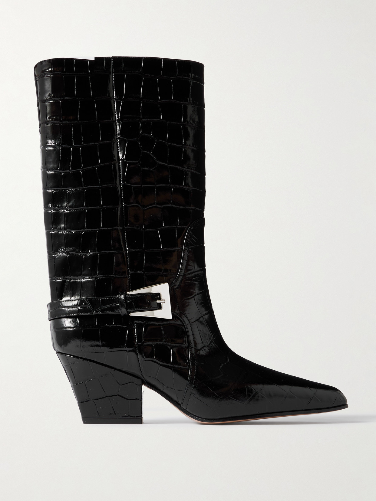 Paris Texas Jane Buckled Croc-effect Glossed-leather Knee Boots In Black