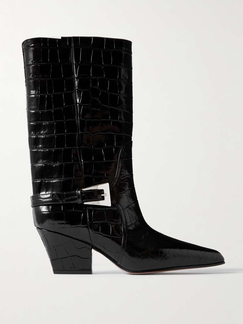 Paris Texas Jane Buckled Croc-effect Glossed-leather Knee Boots