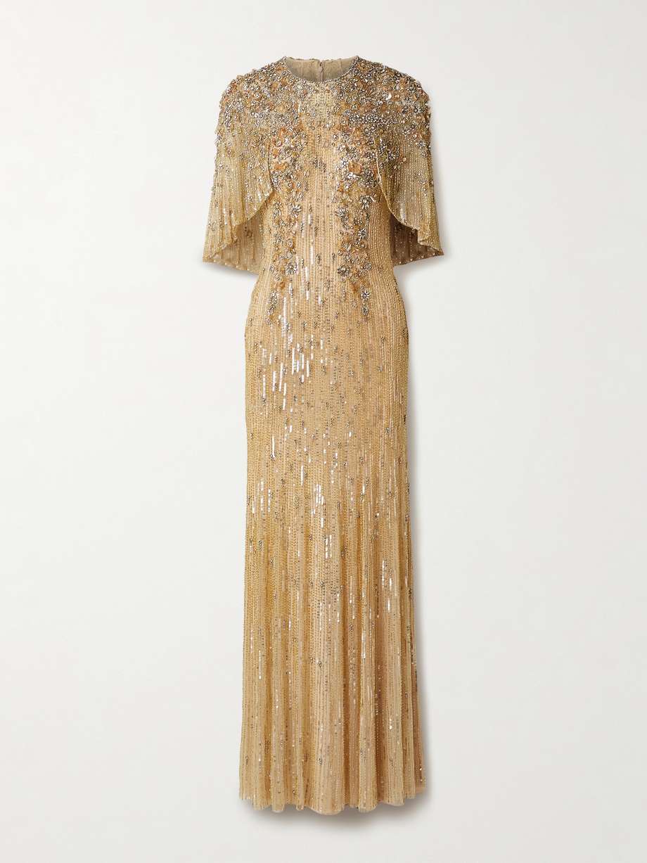 cape-effect embellished tulle gown