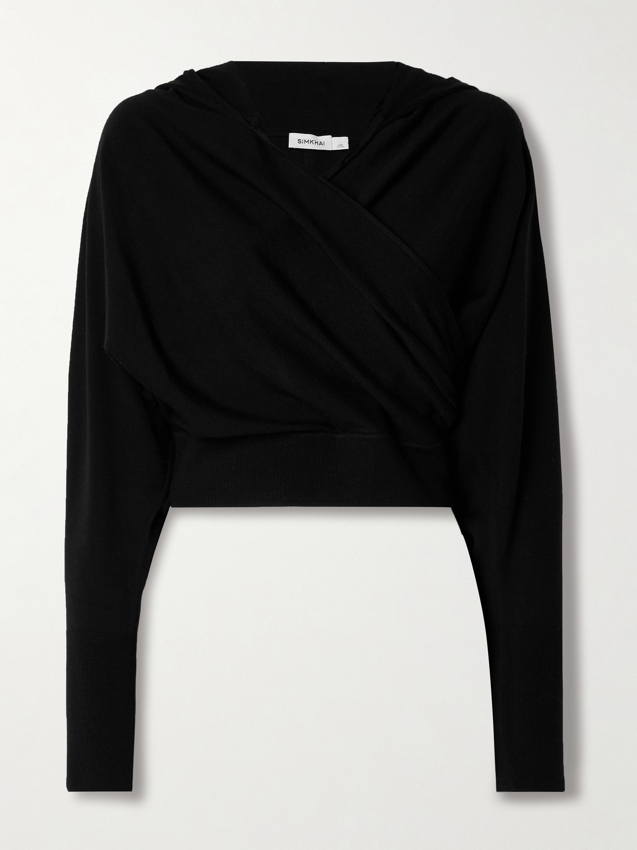 SIMKHAI - Riley Cropped Wrap-effect Merino Wool Hoodie - Black