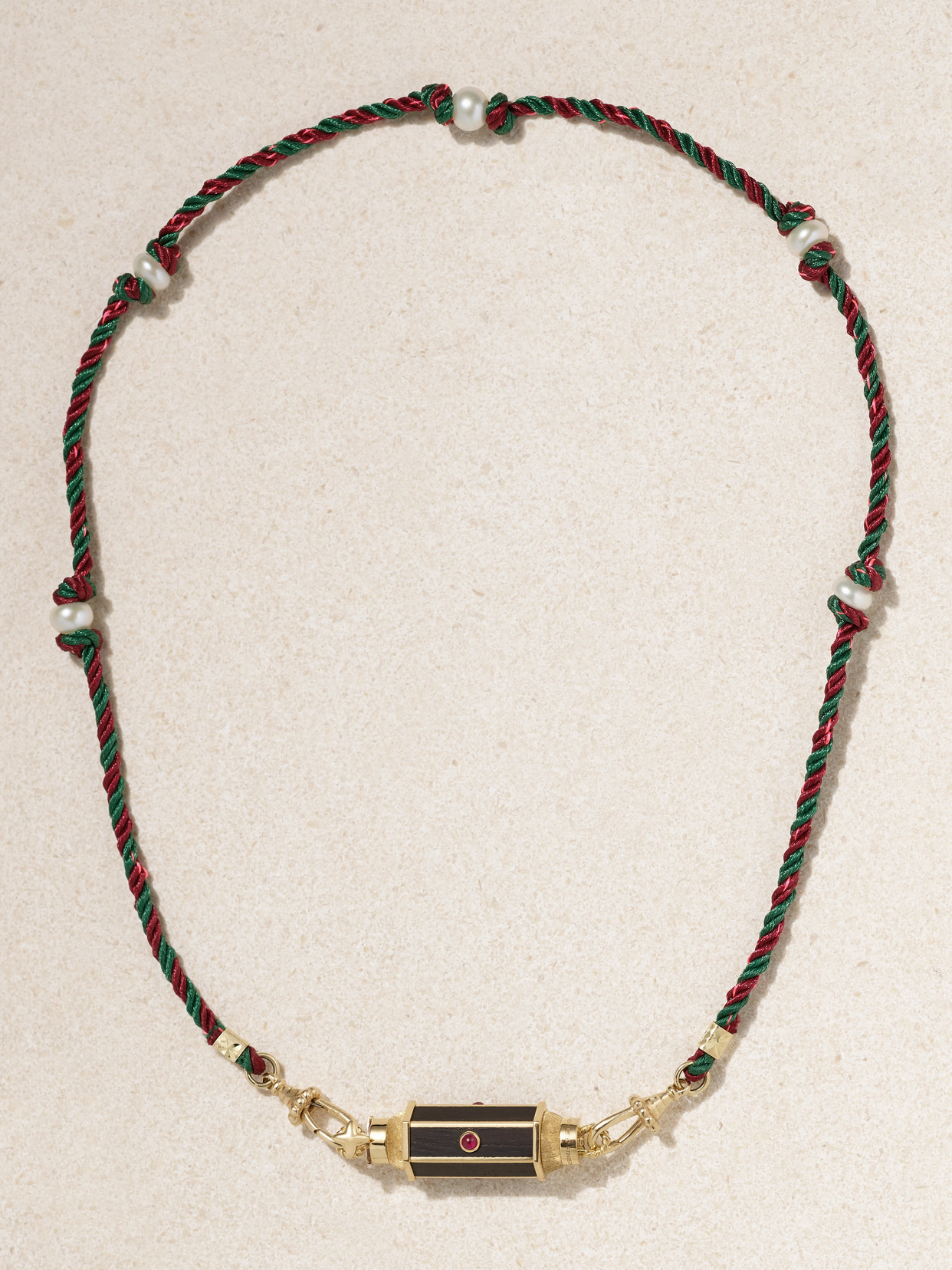 Marie Lichtenberg Baby Locket 18-karat Gold, Wood, Ruby And Pearl Necklace In Black