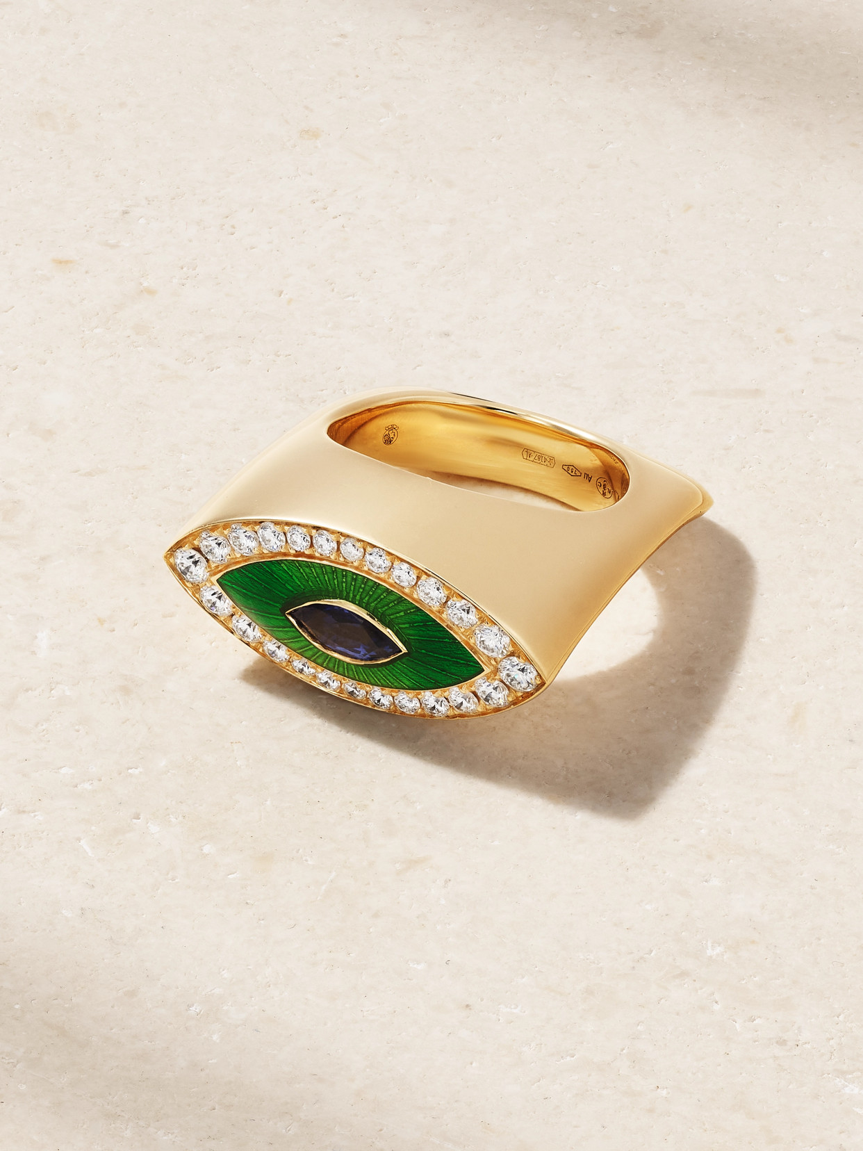 Marie Lichtenberg Evil Eye 18-karat Gold, Enamel, Diamond And Sapphire Ring In Green