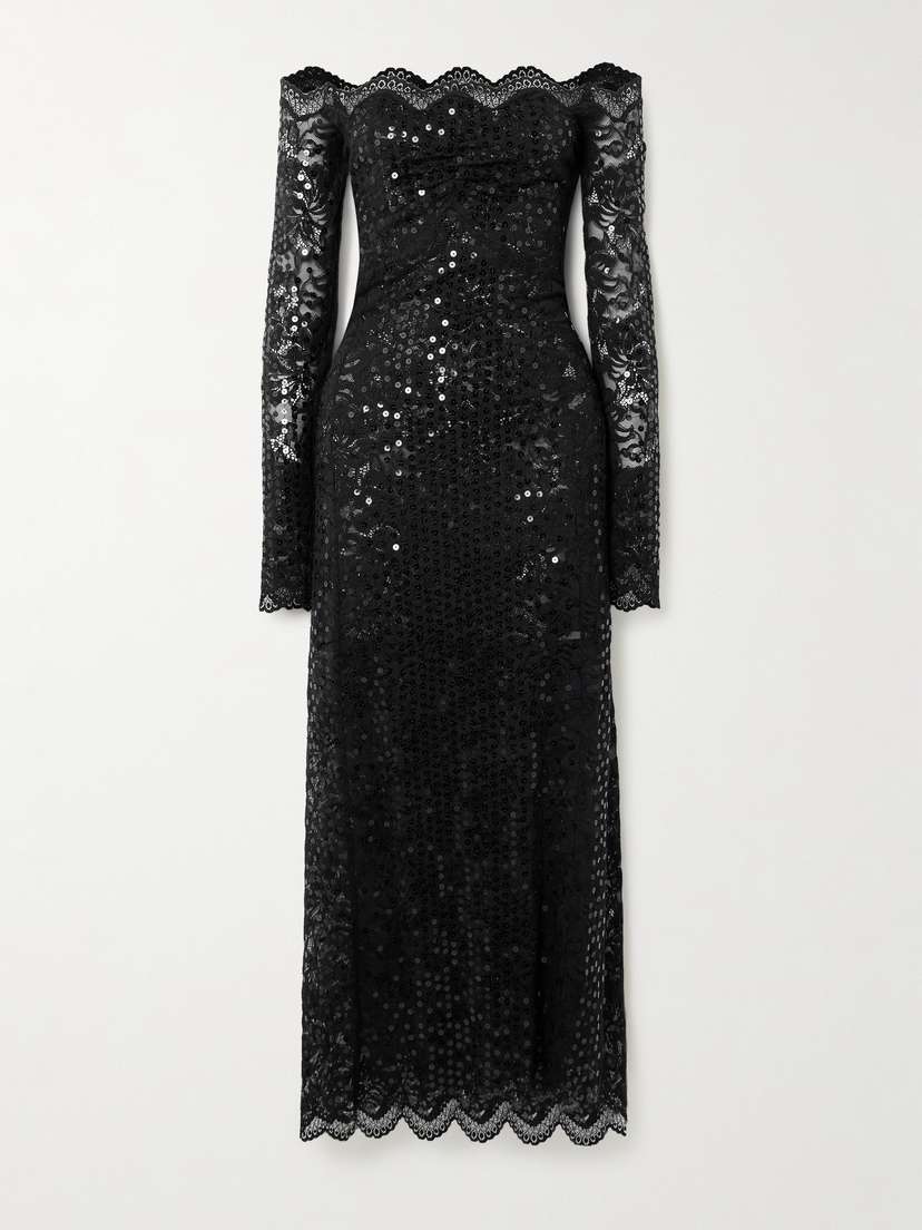 Rabanne Off-the-shoulder Sequined Stretch-lace Maxi Dress