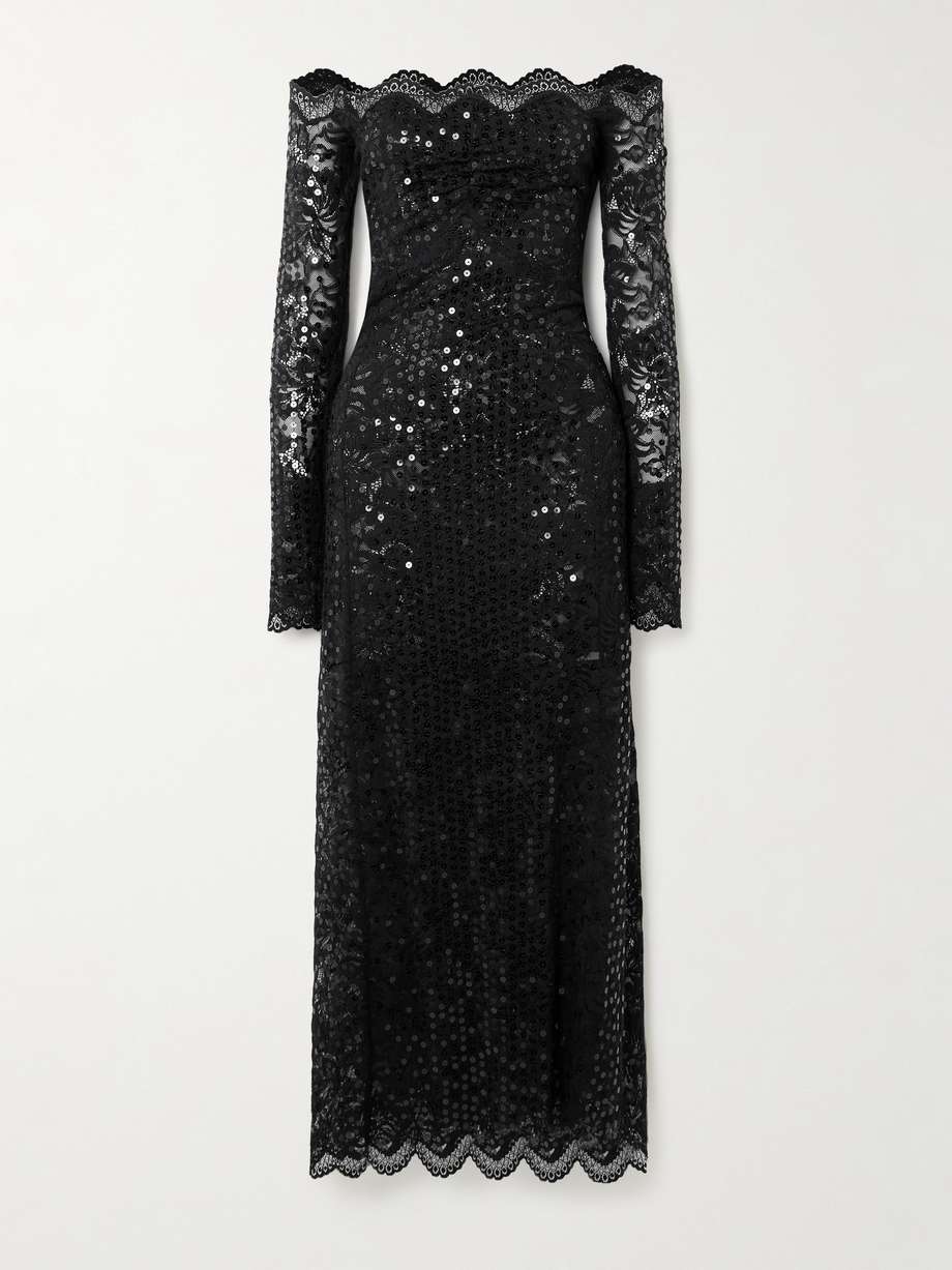 off-the-shoulder sequined stretch-lace maxi dress