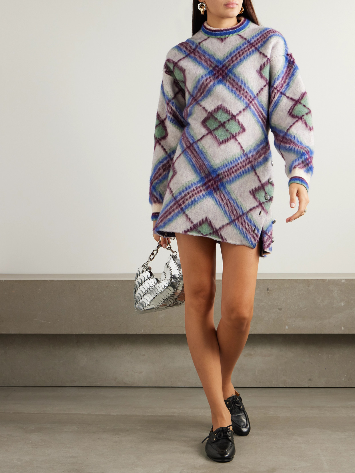 Rabanne Checked Knitted Mini Dress In Blue