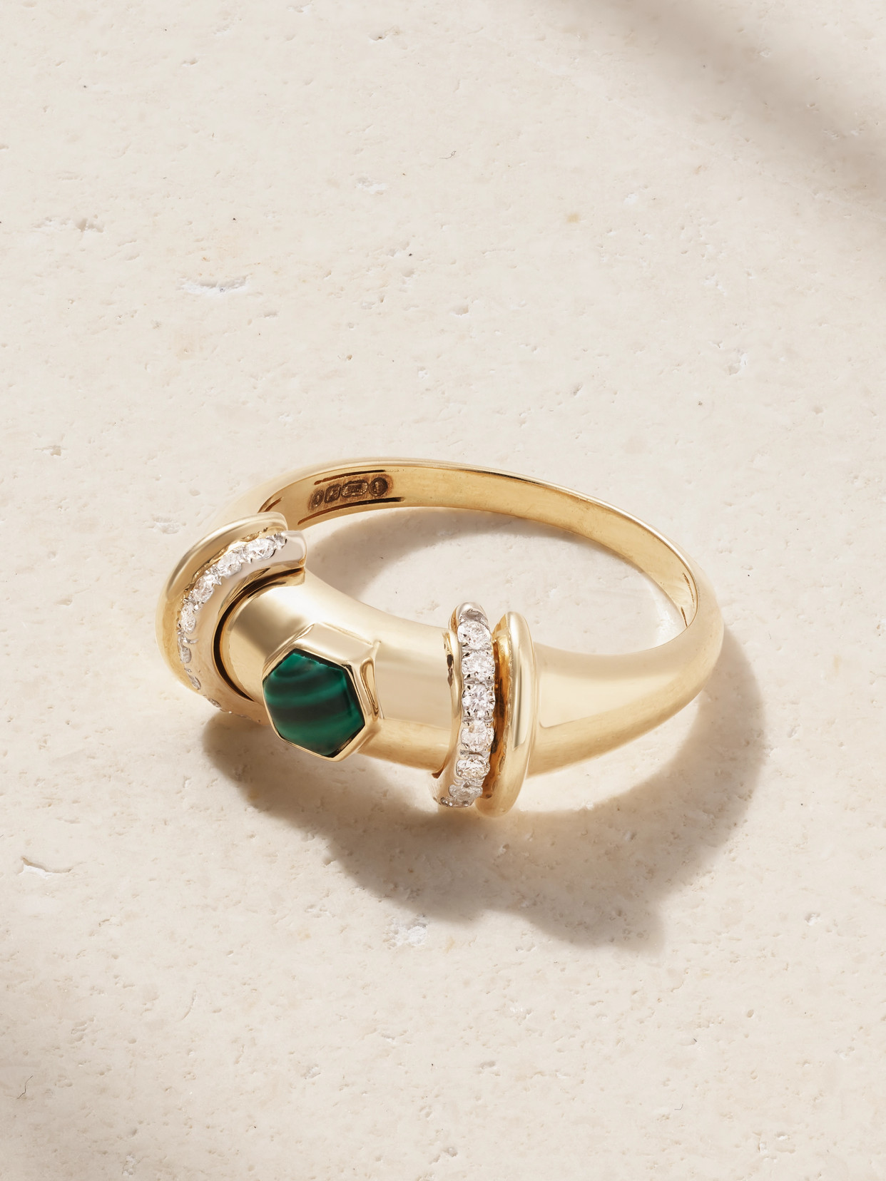 L'atelier Nawbar Warrior Hex 18-karat Gold, Rhodium-plated, Malachite And Diamond Ring In Green