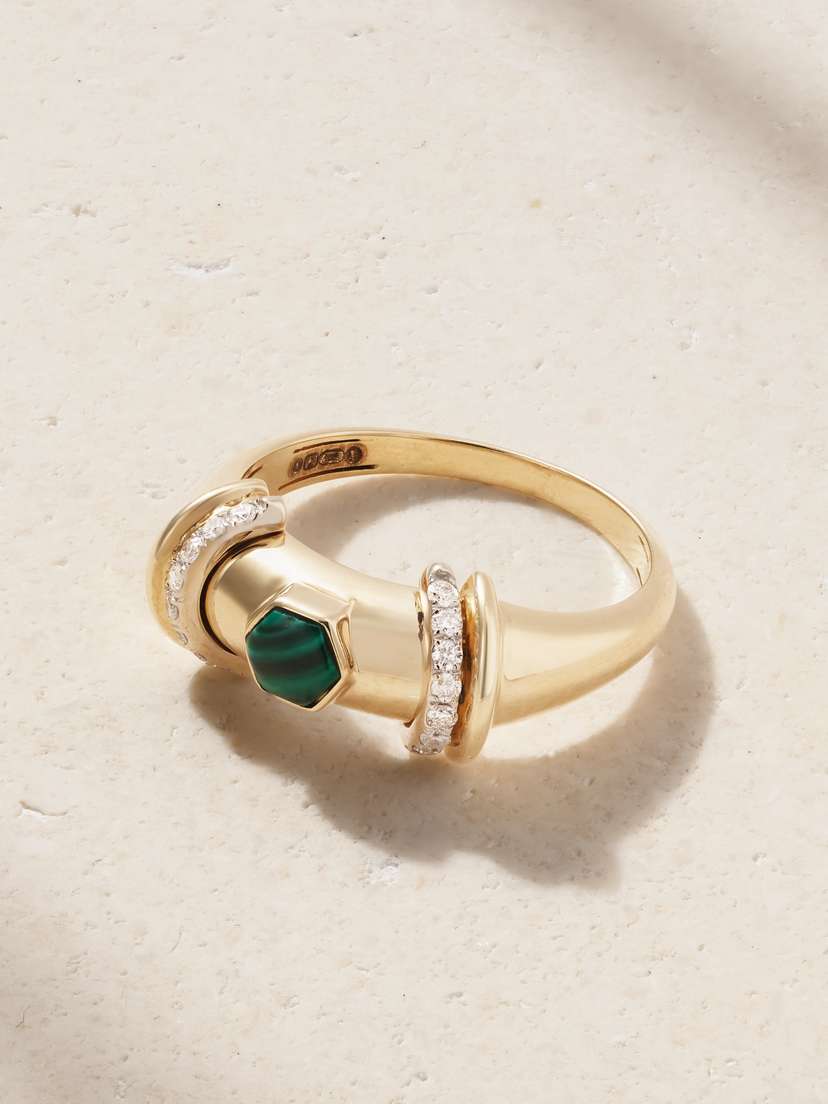 L’Atelier Nawbar Warrior Hex 18-karat Gold, Rhodium-plated, Malachite And Diamond Ring