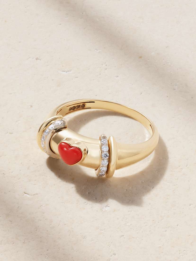 L’Atelier Nawbar Warrior Venus 18-karat Gold, Rhodium-plated, Coral And Diamond Ring