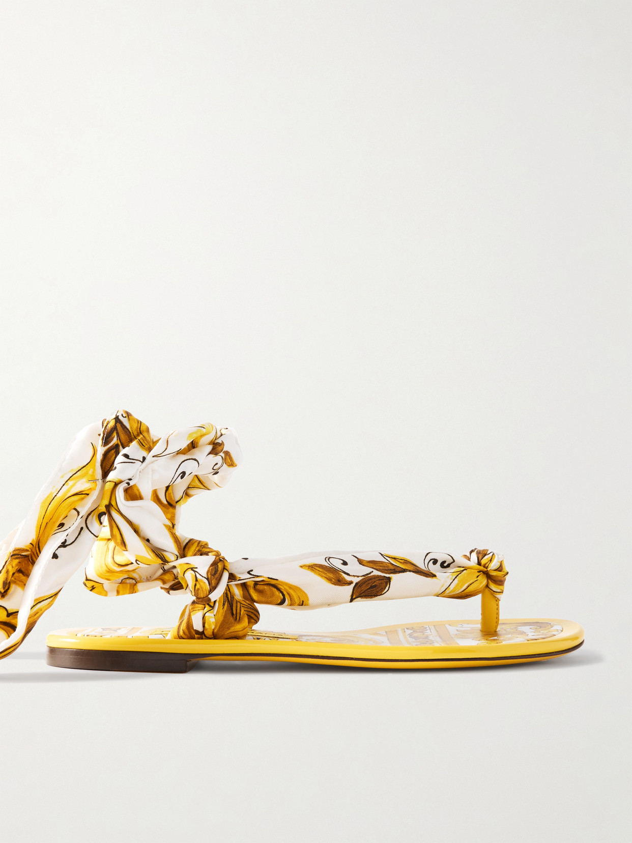Dolce & Gabbana Capri Scarf Leather-trimmed Printed Twill Sandals In Yellow