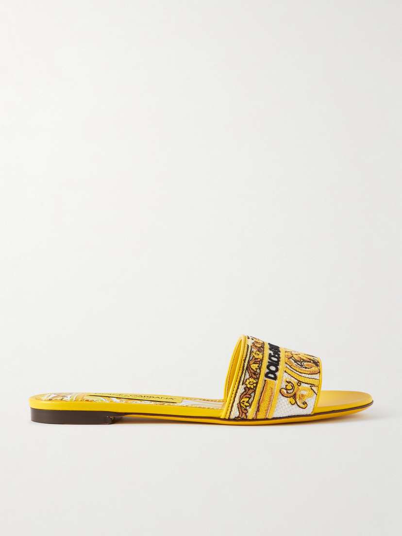 Dolce & Gabbana Maiolica Bianca Embroidered Leather-trimmed Canvas Slides