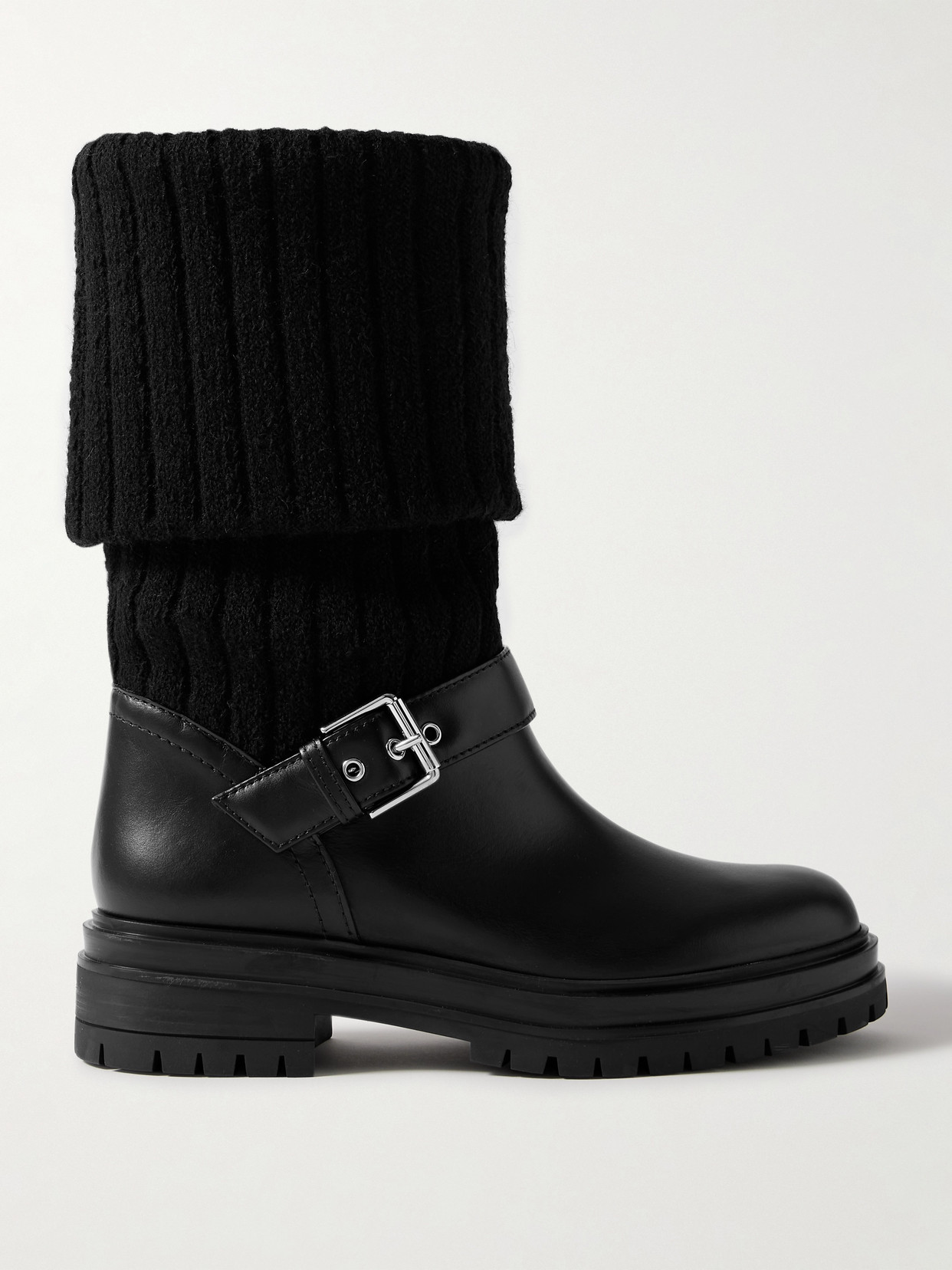 Gianvito Rossi - Thurso Buckled Leather And Ribbed-knit Ankle Boots - Black