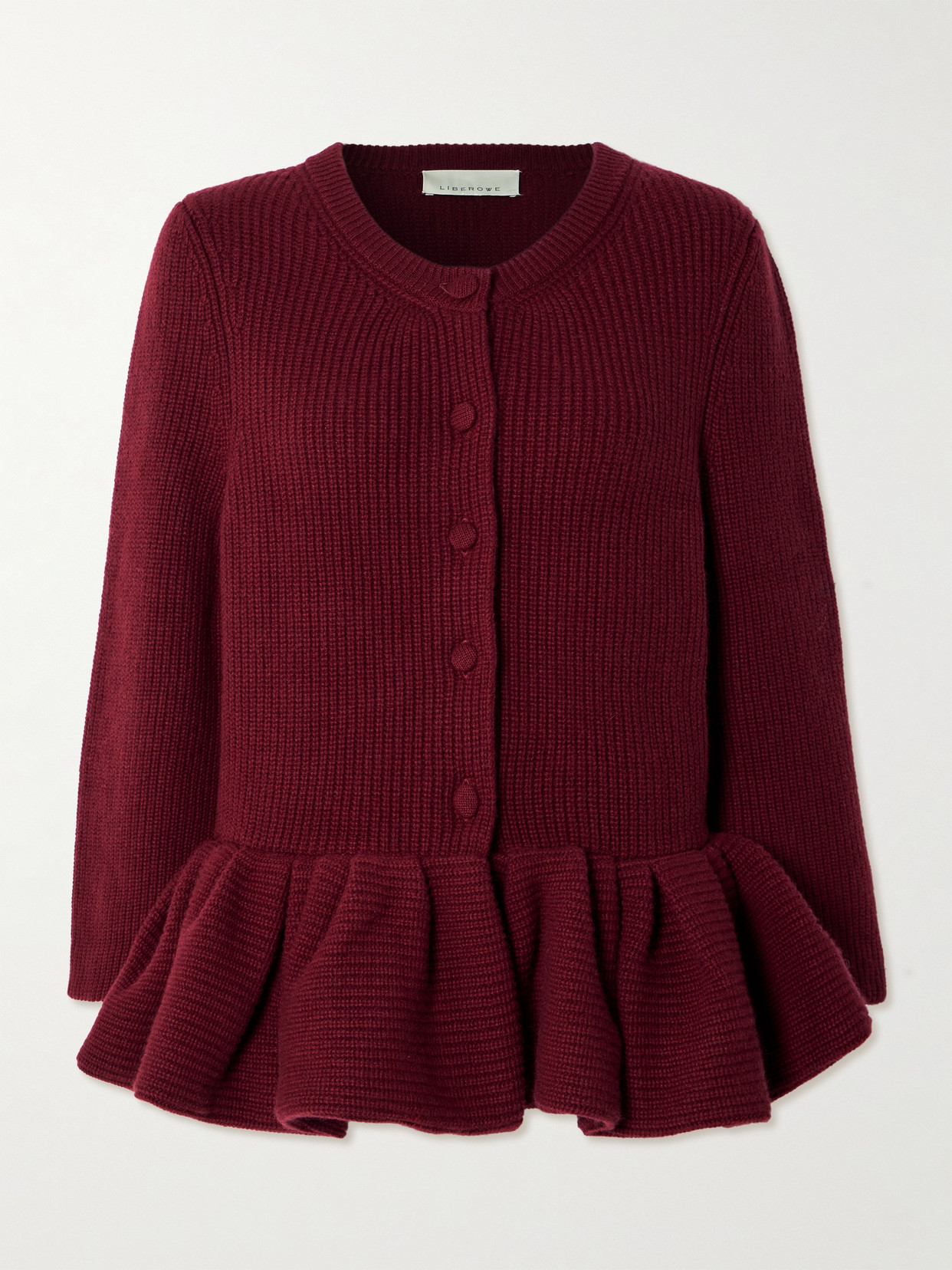 LIBEROWE - Ruffled Cashmere Peplum Cardigan - Burgundy