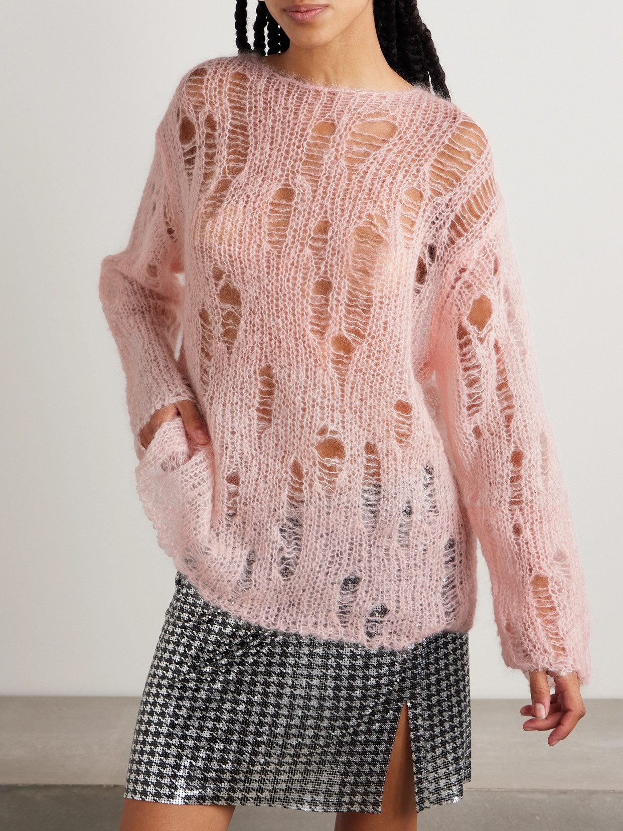 COMME DES GARCONS GIRL DISTRESSED OPEN-KNIT MOHAIR-BLEND SWEATER