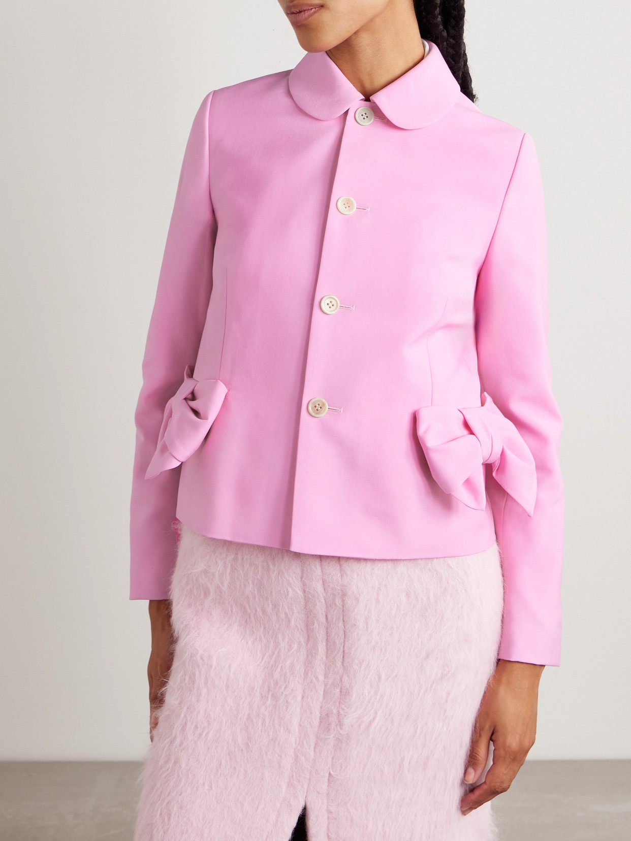 Comme Des Garcons Girl Bow-embellished Wool Grain De Poudre Jacket In Pink