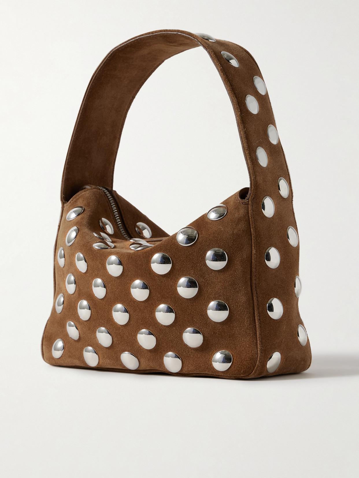 Shop Khaite Elena Small Studded Suede Shoulder Bag In Brown